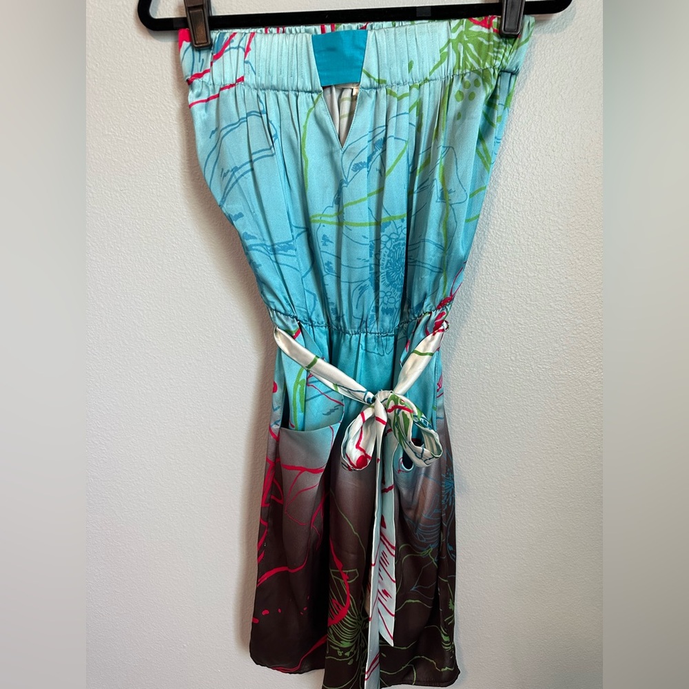 Haven Size Small Silk Tropical Flower Strapless Dress with Waist Tie
